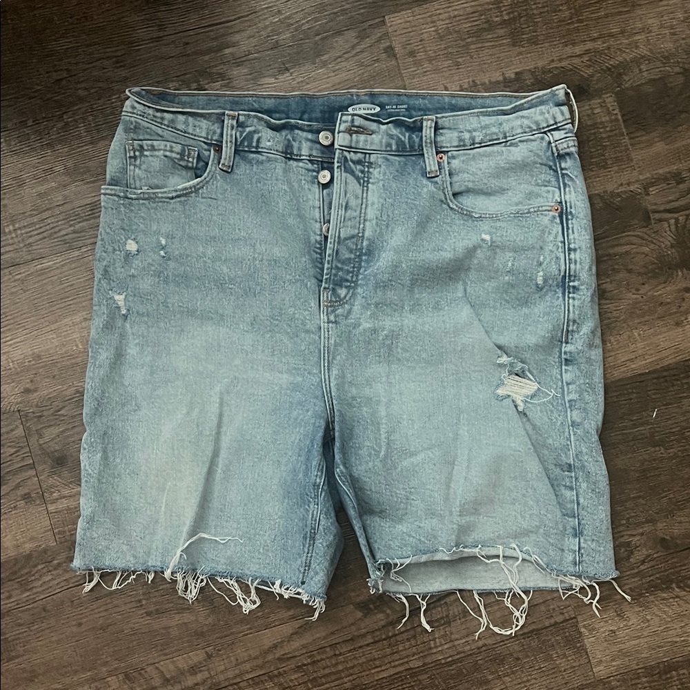 Old Navy Sky Hi Short Extra High Rise- Light Blue Distressed Jean Shorts